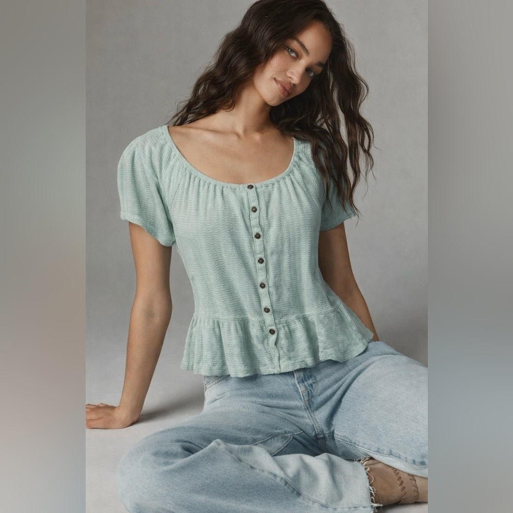 Babydoll Mint Green Top Short Sleeve Shirt M - Picture 2 of 6